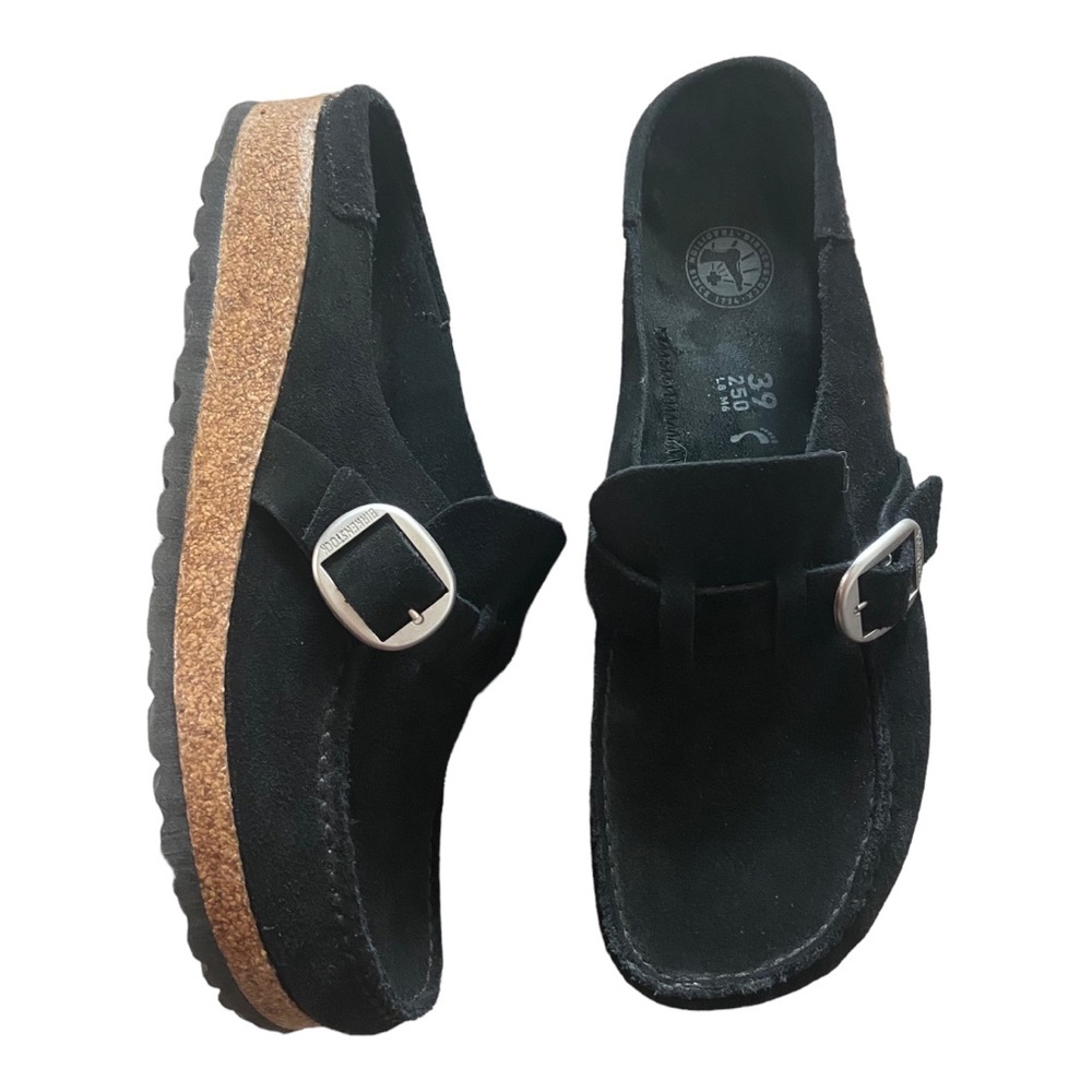 Birkenstock Black Suede Clog Mules with Cork Midsole